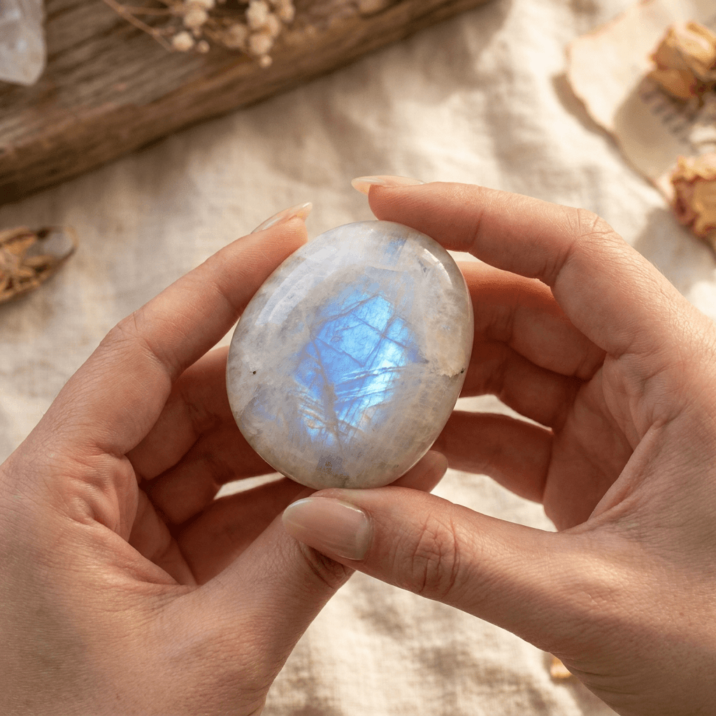 Strong Flash Moonstone Palm Stone 強藍光月亮石手把